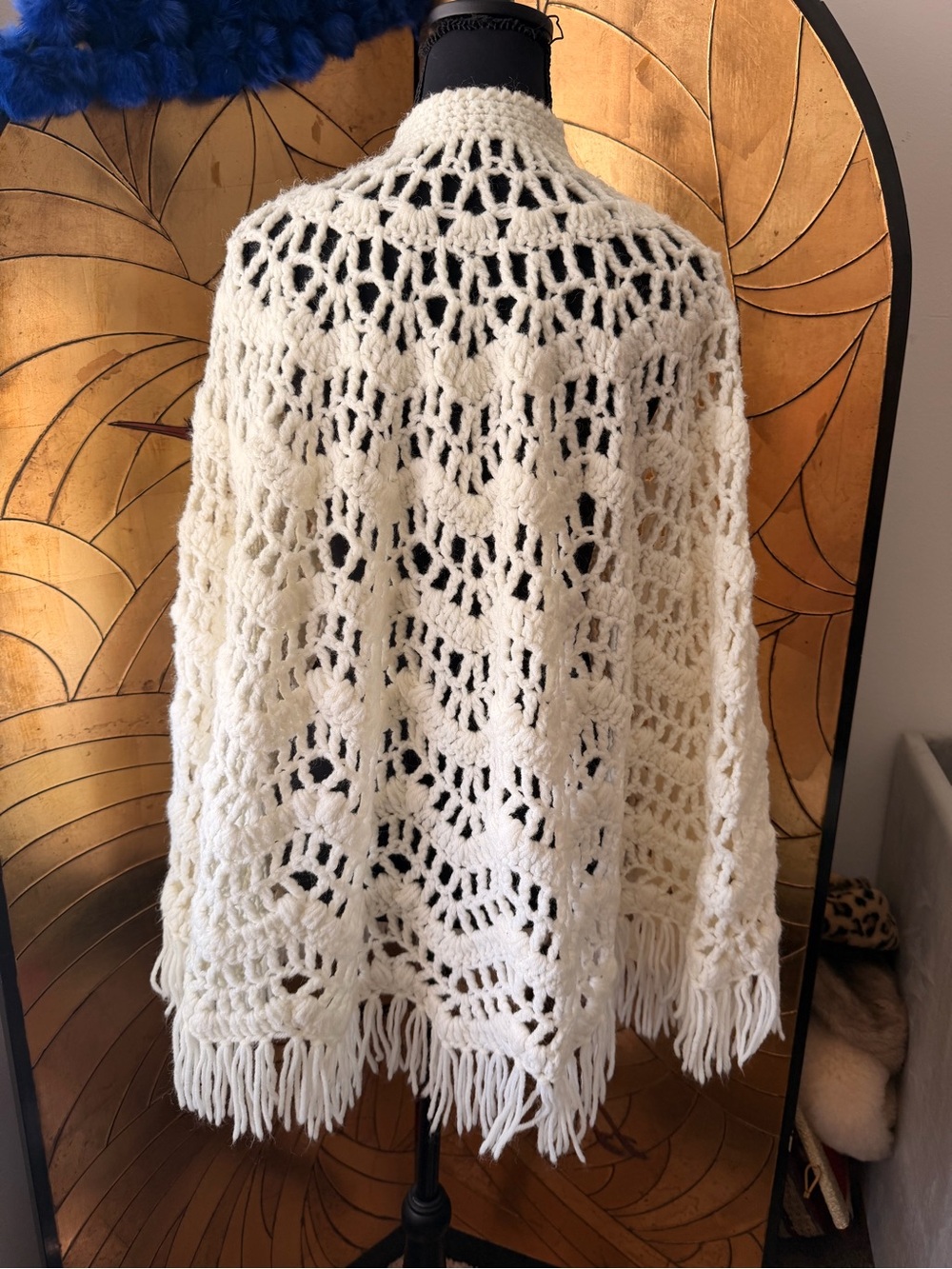 Cream Open-Weave Fringe crochet Button-Front Women's Poncho Swim cover up - Picture 6 of 6